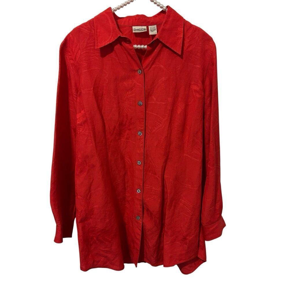 Chicos 1 Medium Linen Blend Coral Red Long Sleeve Button Blouse Shirt Top Summer